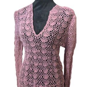 Oscar de la Renta Pink Crochet Knit Sweater Y2K Fairycore Cottagecore V-Neck S